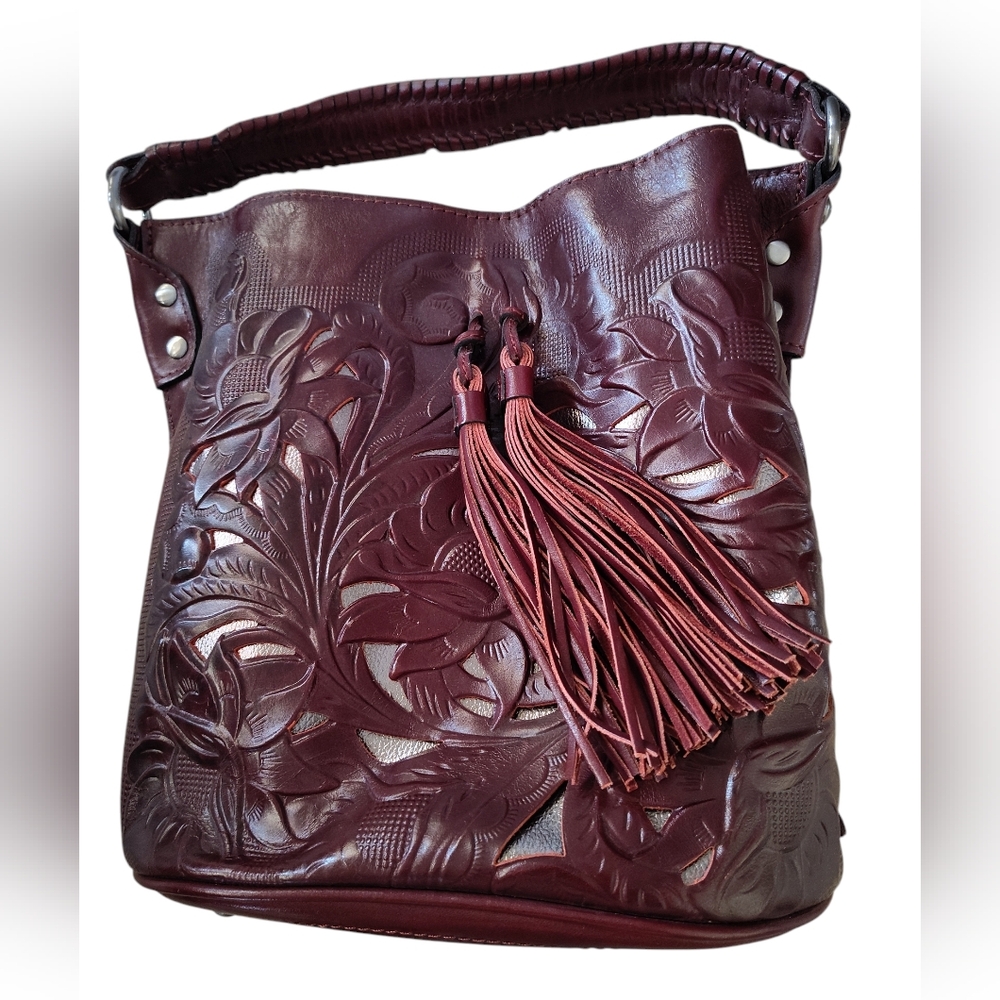 Patricia Nash Octavia Tooled Luxurious Oxblood Burgundy Leather Bucket Bag NWOT